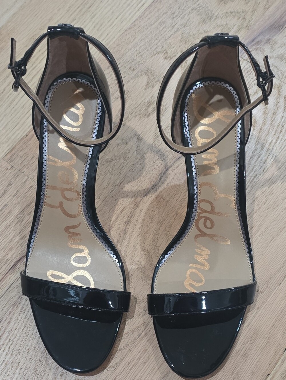 Sam Edelman Black Patent Vegan Leather "PATTI" Heels with Ankle Strap Size 8